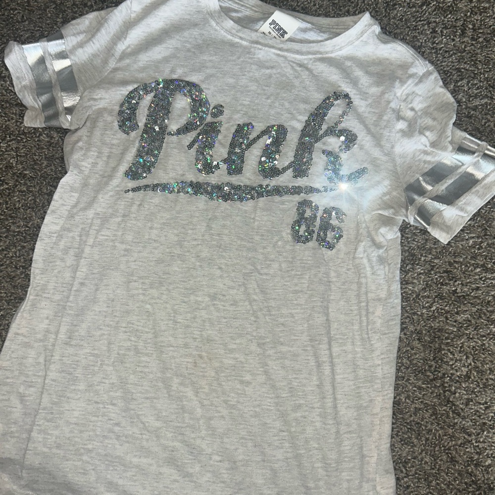 PINK Victoria's Secret Gray Tee with Holographic Glitter Logo